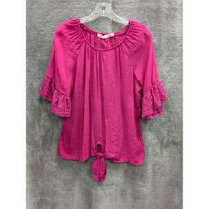 Hot Pink Blouse Womens Small Bell Sleeve Lace Tie Front Pinkcore Casual